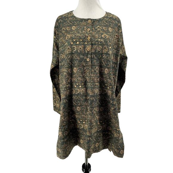 Peruvian Connection Women's Green Tan Printed Long Sleeve Tunic Blouse Medium - Picture 1 of 5